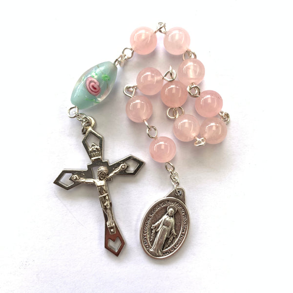 Miraculous Medal Pocket Rosary with Rose Quartz beads