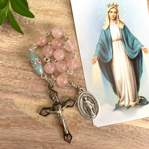 Miraculous Medal Pocket Rosary with Rose Quartz beads