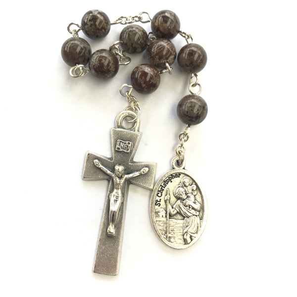 St. Christopher prayer chaplet, Patron saint of travellers and motorists (brown snowflake obsidian)