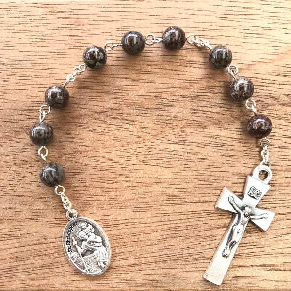 St. Christopher prayer chaplet, Patron saint of travellers and motorists (brown snowflake obsidian)