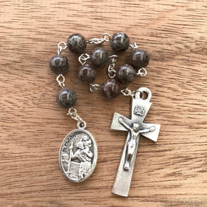 St. Christopher prayer chaplet, Patron saint of travellers and motorists (brown snowflake obsidian)