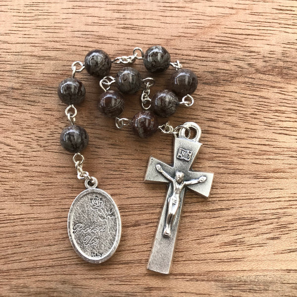 St. Christopher prayer chaplet, Patron saint of travellers and motorists (brown snowflake obsidian)