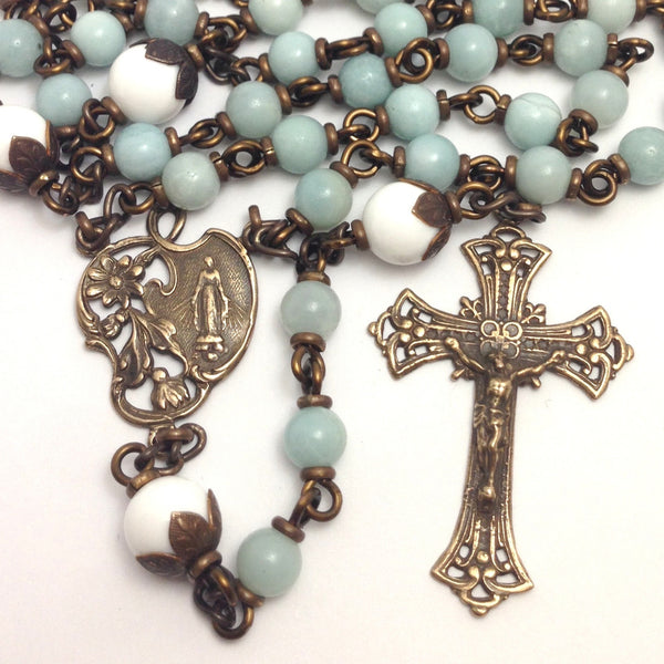 Bronze Miraculous Medal rosary with amazonite beads