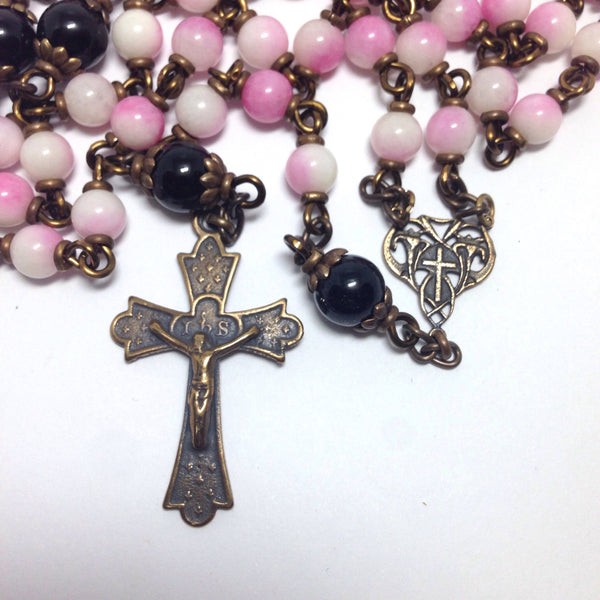 Bronze rosary with pink jade beads