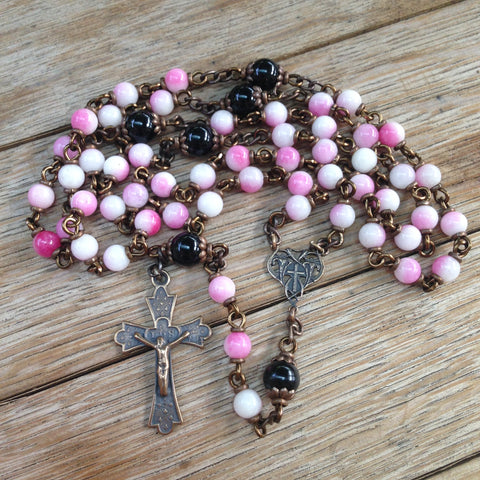 Bronze Rosary with pink jade beads