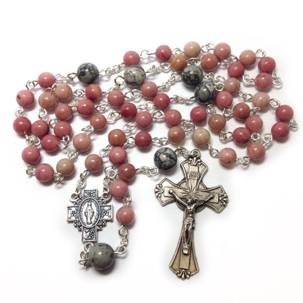 Miraculous Medal Rosary with pink and grey beads