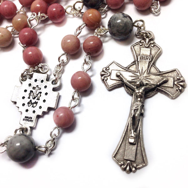 Miraculous Medal Rosary with pink and grey beads