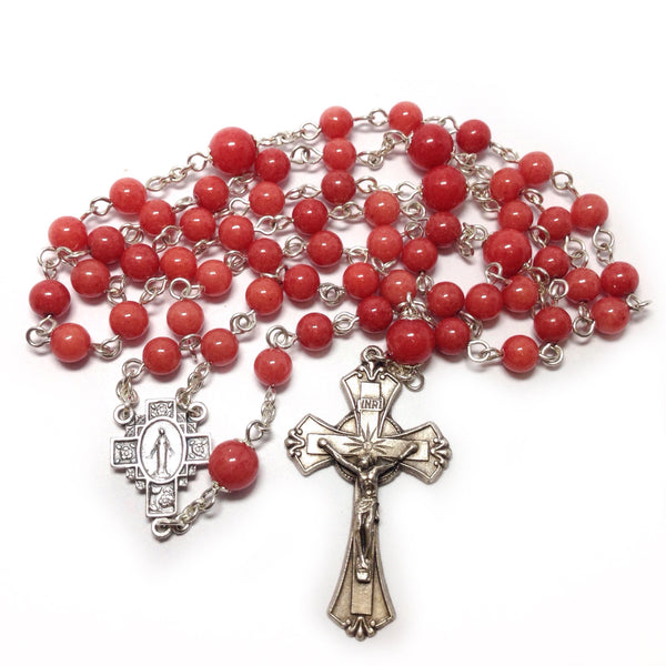 Miraculous medal rosary with red beads