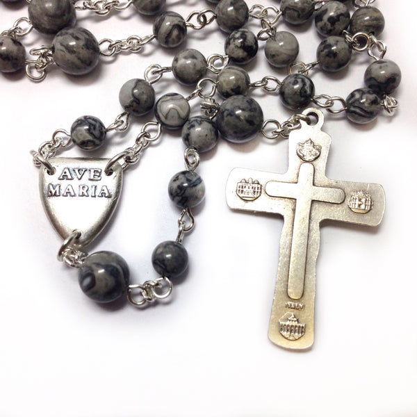 Pax Rosary made with grey crazy lace agate beads