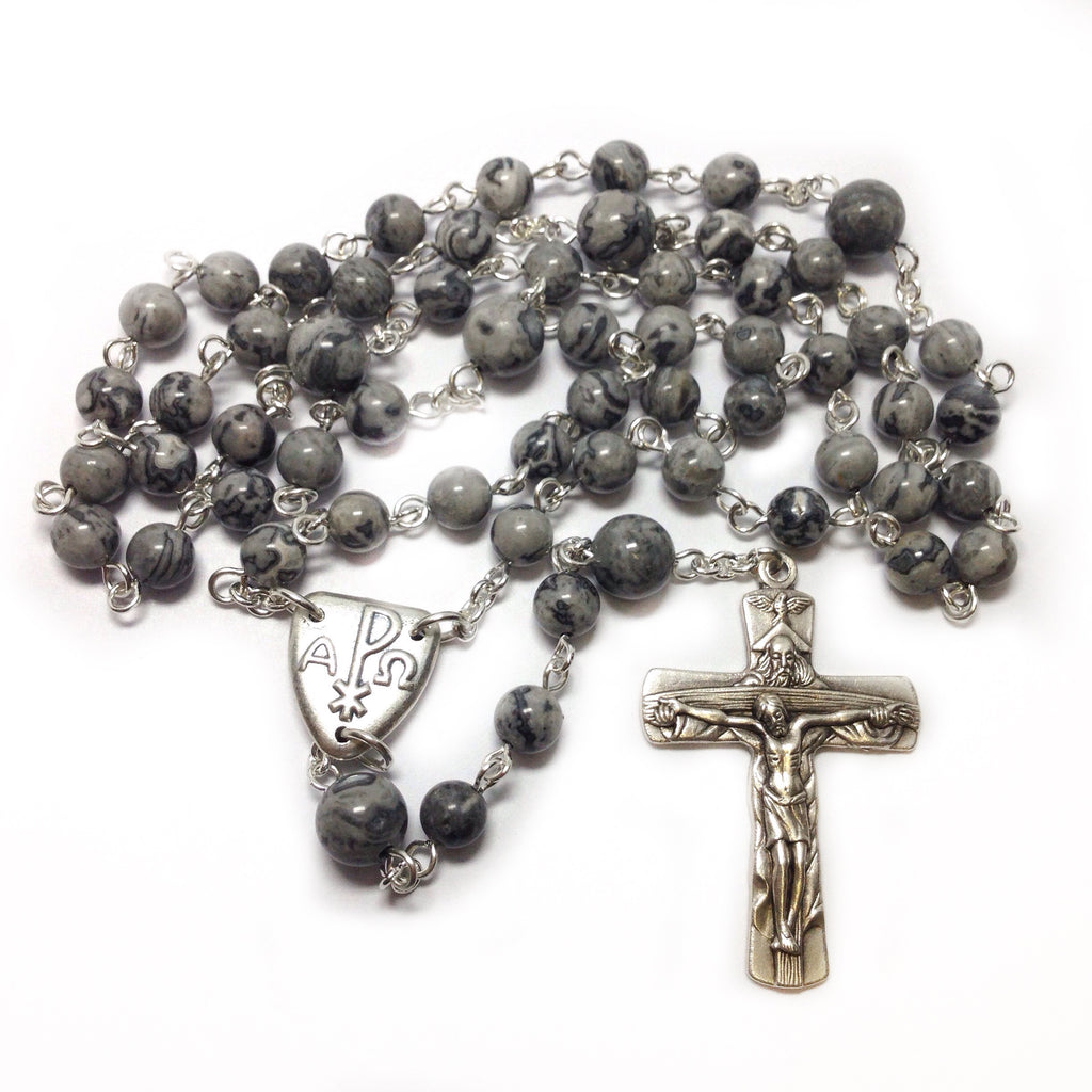 Pax Rosary made with grey crazy lace agate beads – Marian Graces