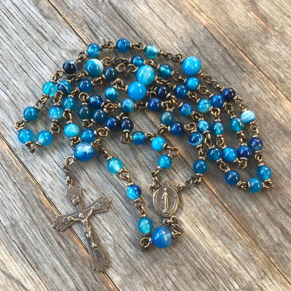 Blue Striped Agate Heirloom Rosary