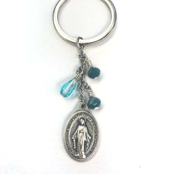 Miraculous Medal keyring - turquoise