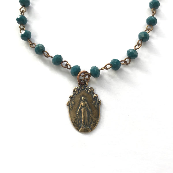 Turquoise Bronze Miraculous Medal Necklace