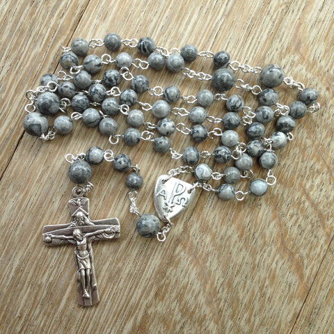 Grey Pax Catholic rosary beads
