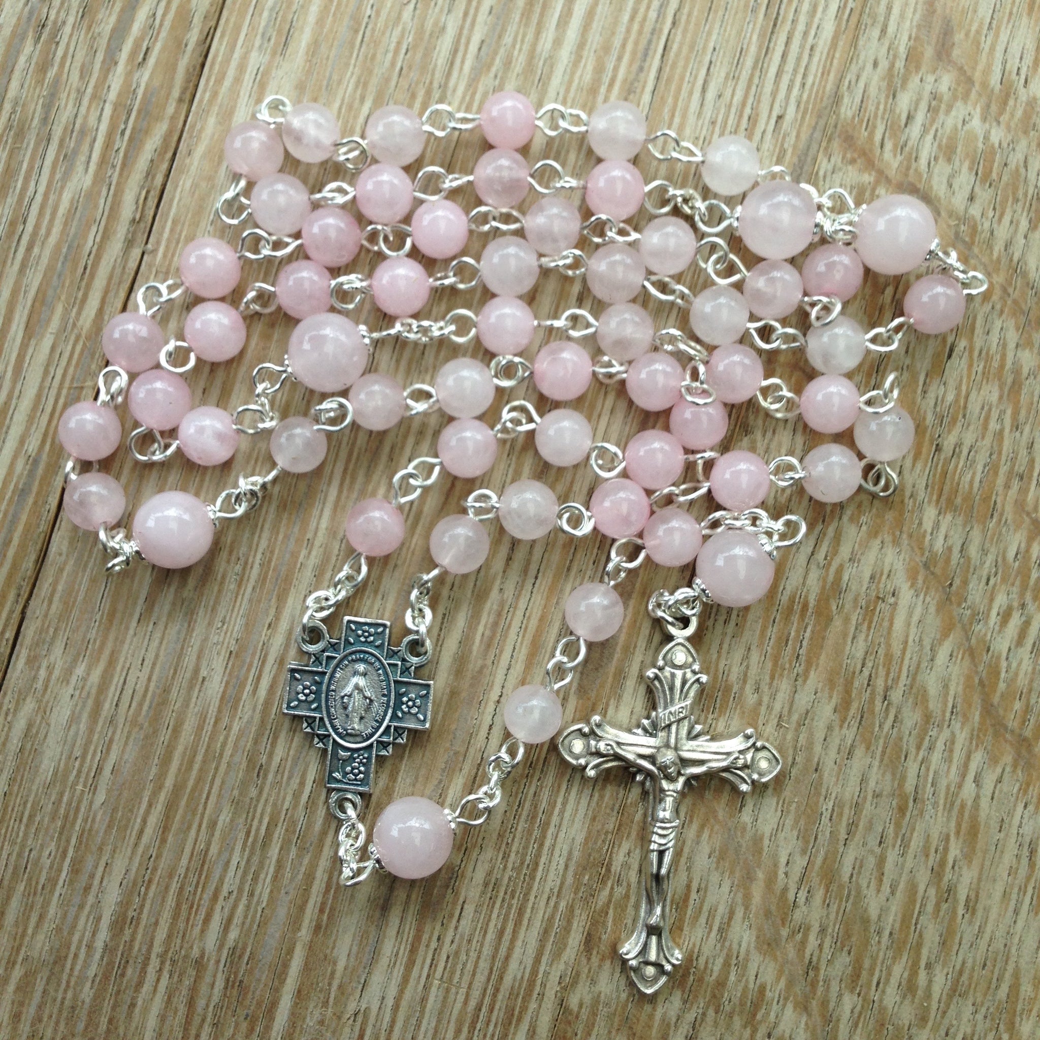 Pink quartz Catholic rosary beads