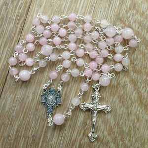 Pink quartz Catholic rosary beads