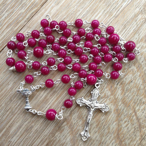 Holy Communion Rosary with fuchsia beads