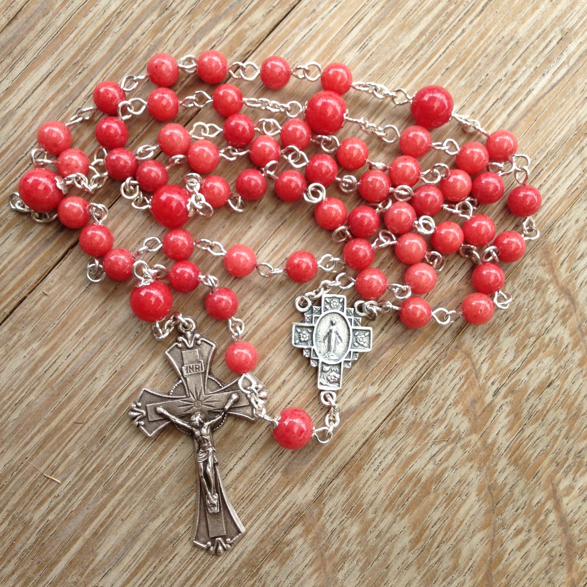 Miraculous Medal rosary with red beads