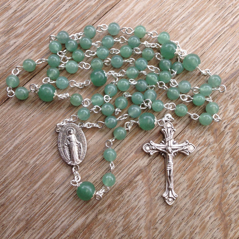 Miraculous Medal Rosary with green Aventurine beads