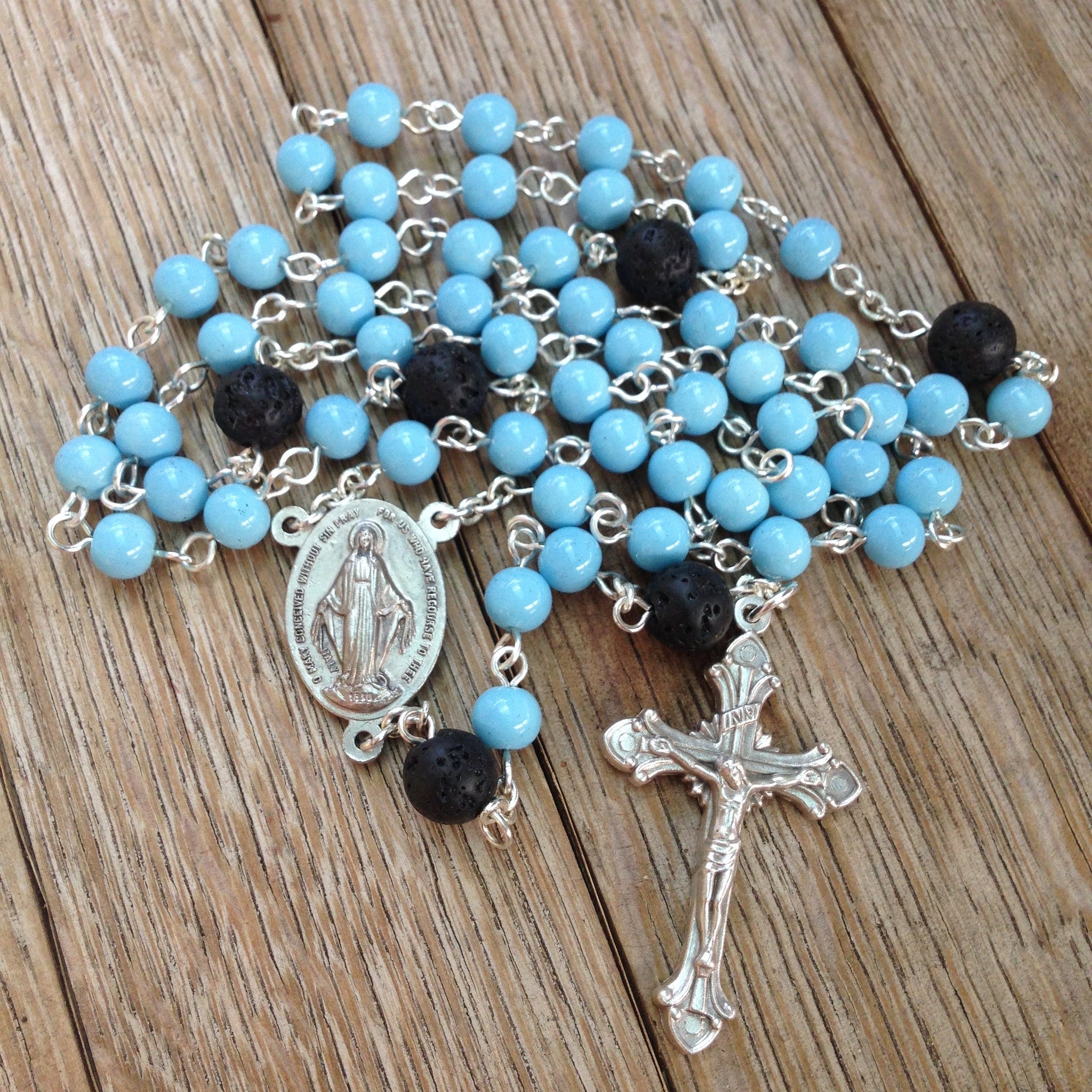 Aromatherapy rosary with blue glass beads