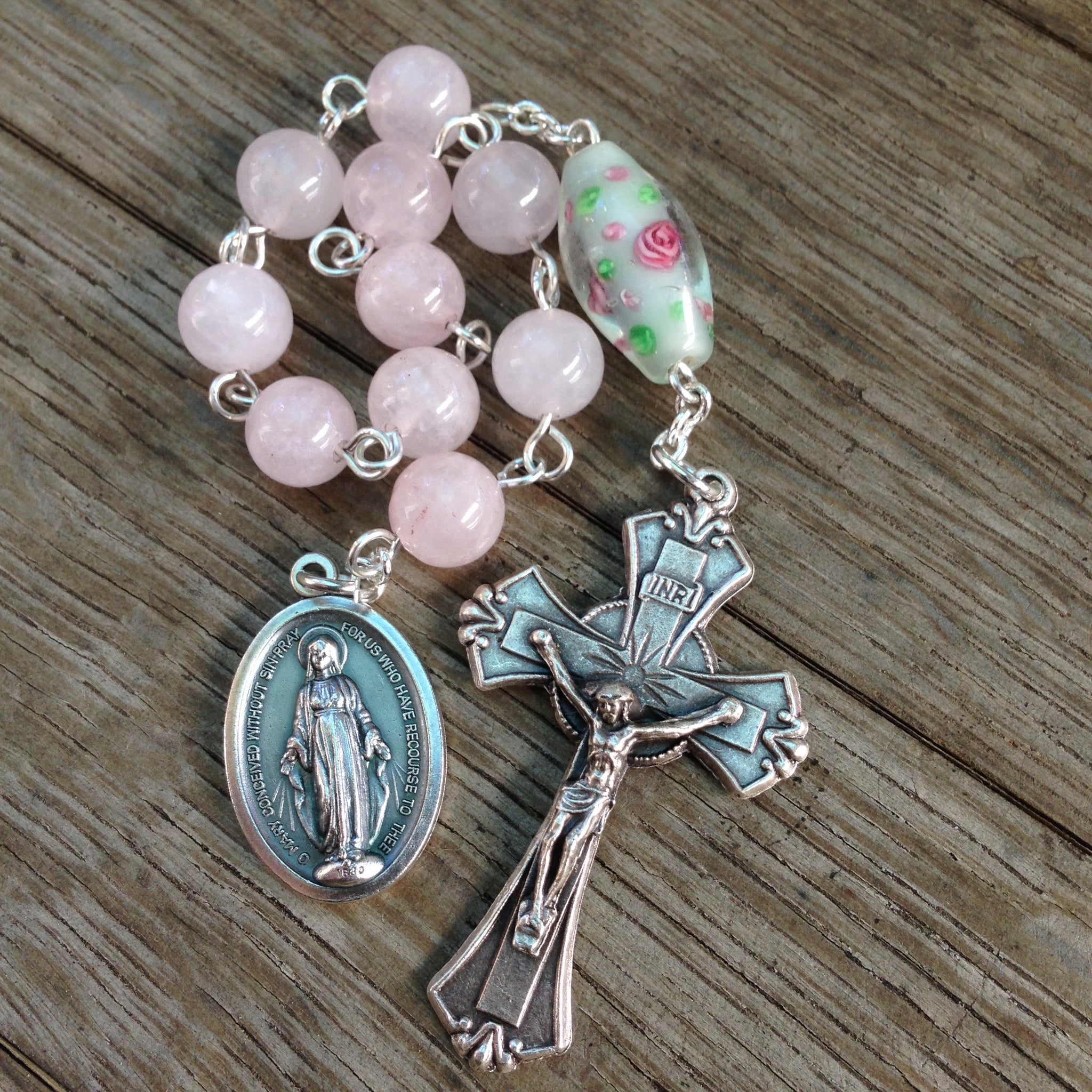 Miraculous Medal Pocket Rosary with Rose Quartz beads