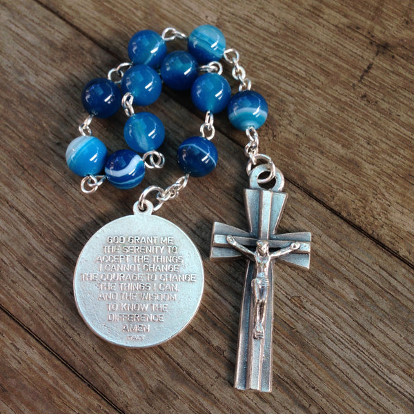 Blue pocket rosary with serenity prayer