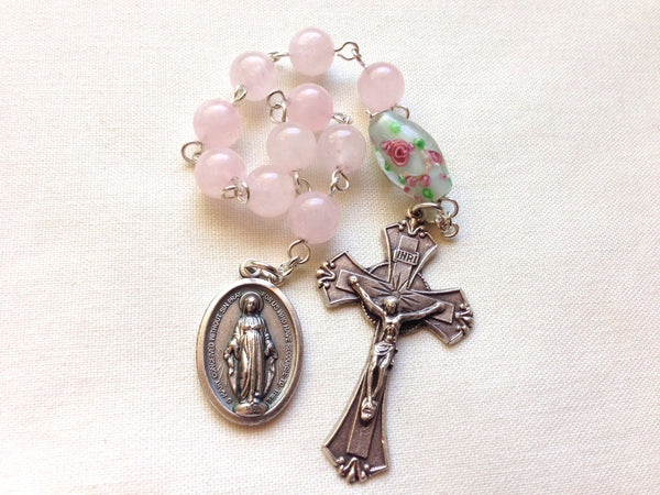 Miraculous medal pocket rosary with rose quartz beads