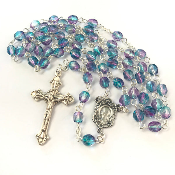 Madonna Rosary with blue/pink Czech glass beads