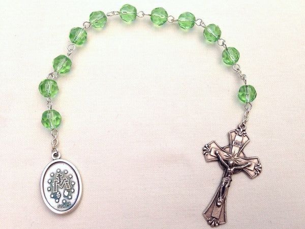 Miraculous Medal Pocket Rosary with Green glass beads