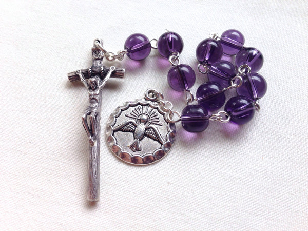 Holy Spirit Pocket Rosary made with amethyst glass beads