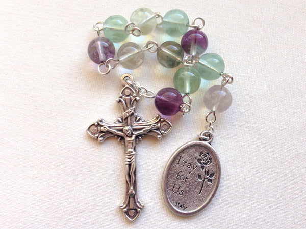 Holy Family pocket rosary made with rainbow flourite beads