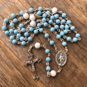 Miraculous Medal Rosary with blue and white beads