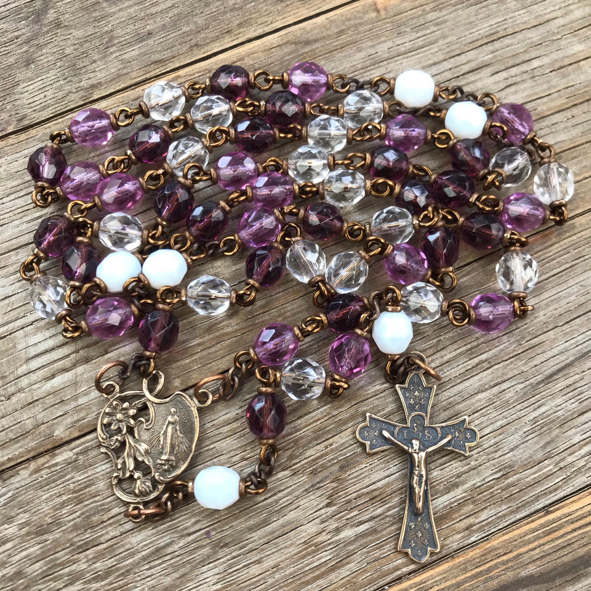 Purple Miraculous Medal Heirloom Rosary